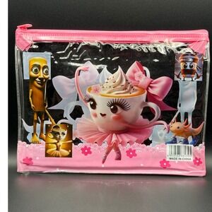 Brainrot Clear Pencil Case Pouch Cute Coffee‎ Cup Ballet Dancer Design Pink Zip